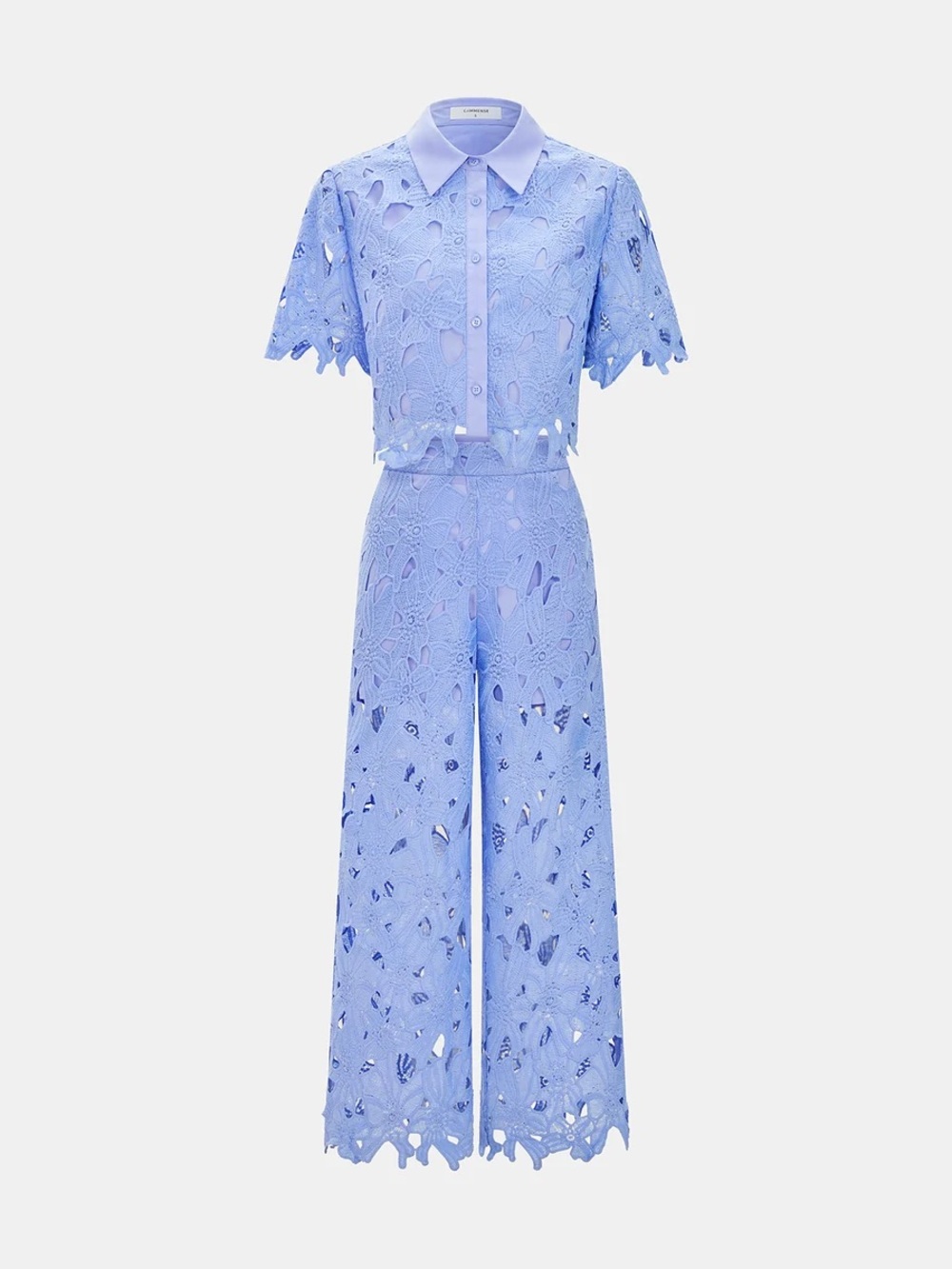 Commense Cutout Lace Short Sleeve Top & Pants Set